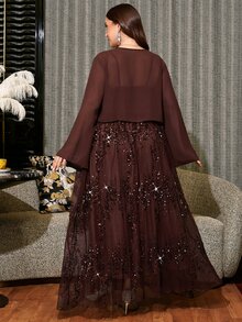 Reflora Plus Size Women's Shiny Spaghetti Strap Dress And Solid Color Cardigan Casual Everyday 2-Piece Set Fall - Brown - View 2