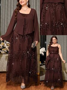 Reflora Plus Size Women's Shiny Spaghetti Strap Dress And Solid Color Cardigan Casual Everyday 2-Piece Set Fall - Brown - View 9