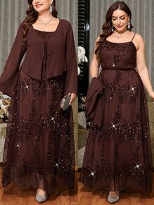 Reflora Plus Size Women's Shiny Spaghetti Strap Dress And Solid Color Cardigan Casual Everyday 2-Piece Set Fall - Brown - View 1