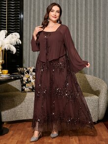 Reflora Plus Size Women's Shiny Spaghetti Strap Dress And Solid Color Cardigan Casual Everyday 2-Piece Set Fall - Brown - View 5
