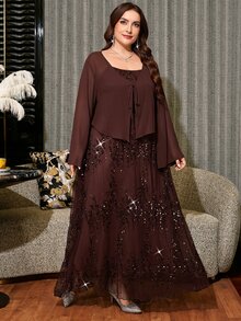 Reflora Plus Size Women's Shiny Spaghetti Strap Dress And Solid Color Cardigan Casual Everyday 2-Piece Set Fall - Brown - View 6