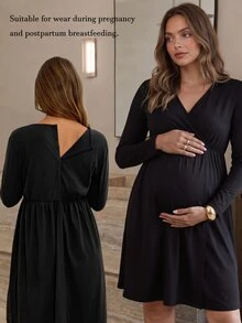 Slowluna Maternity Solid Color Long Sleeve Maternity Dress - Black - View 11