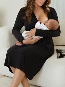 Slowluna Maternity Solid Color Long Sleeve Maternity Dress - Black - View 4
