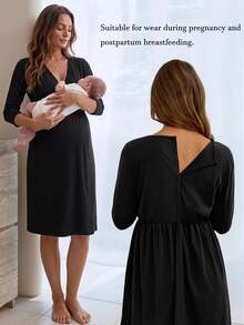 Slowluna Maternity Solid Color Long Sleeve Maternity Dress - Black - View 1