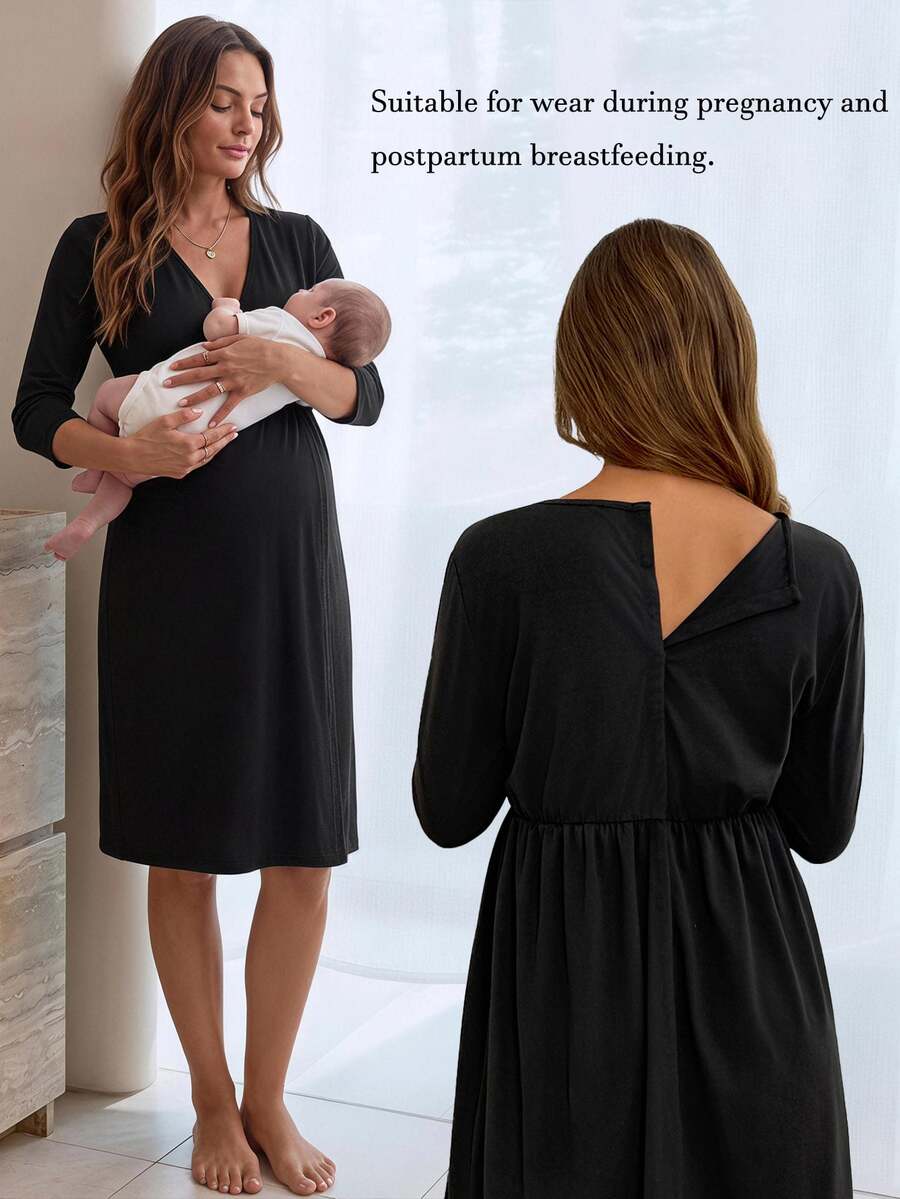 Slowluna Maternity Solid Color Long Sleeve Maternity Dress - Black - View 1