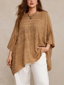 Freevana Plus Size Casual Soft Form 70's Solid Color Batwing Sleeve Sweater, Autumn/Winter Formal Party Office Brown - Apricot - View 3