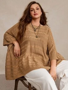 Freevana Plus Size Casual Soft Form 70's Solid Color Batwing Sleeve Sweater, Autumn/Winter Formal Party Office Brown - Apricot - View 7