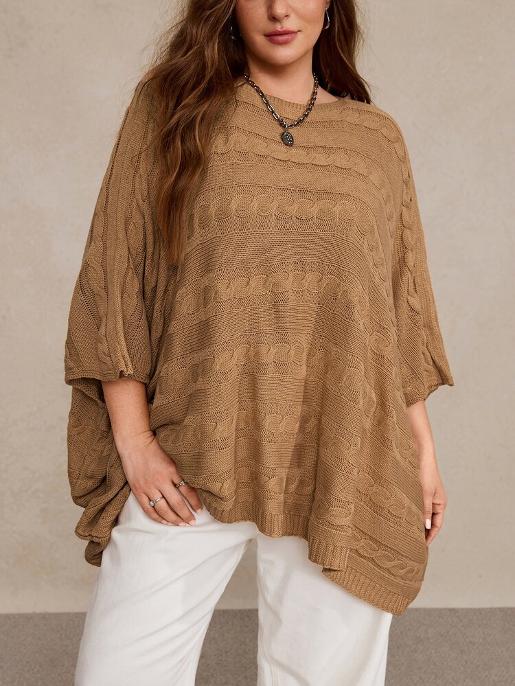 Freevana Sweater Lengan Kelelawar Warna Polos Kasual Ukuran Besar, Musim Gugur/Musim Dingin - Aprikot - View 5