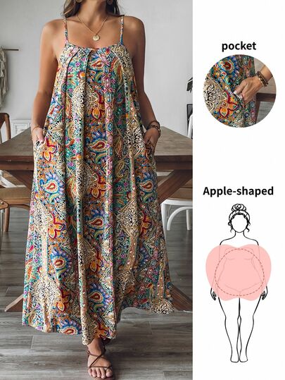 SHEIN VCAY Plus Size Women Resort Style Print Camisole Dress,Summer Dresses For Women,Maxi Dress Beach Vacation Royal Blue