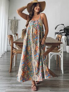 SHEIN VCAY 大码女式度假风格印花吊带背心连衣裙 - 彩色 - 查看 3