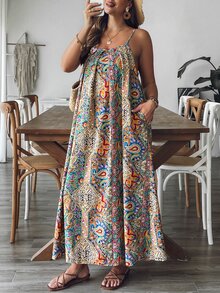 SHEIN VCAY 大码女式度假风格印花吊带背心连衣裙 - 彩色 - 查看 4
