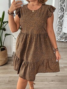 SHEIN VCAY Plus Size Round Neck Ruffle Hem Leopard Print Fashion Casual Dress,Beach Dress Sundress,Holiday Outfits Boho - Brown - View 5
