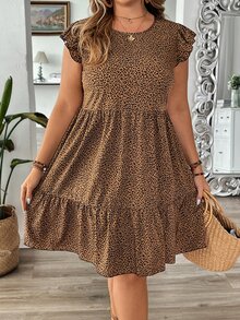 SHEIN VCAY Plus Size Round Neck Ruffle Hem Leopard Print Fashion Casual Dress,Beach Dress Sundress,Holiday Outfits Boho - Brown - View 3