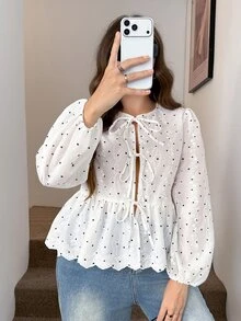 SHEIN LUNE Blus Putih Ukuran Besar dengan Bordir Seluruh Bagian dan Tali Depan, Gaya Fashion Week, Formal untuk Kencan Malam, Ulang Tahun, Musim Gugur, Lucu, Peri, Brunch Musim Gugur, High Tea, Seksi, Fairycore - Putih - View 6