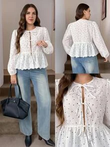 SHEIN LUNE Blus Putih Ukuran Besar dengan Bordir Seluruh Bagian dan Tali Depan, Gaya Fashion Week, Formal untuk Kencan Malam, Ulang Tahun, Musim Gugur, Lucu, Peri, Brunch Musim Gugur, High Tea, Seksi, Fairycore - Putih - View 8