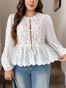 SHEIN LUNE Blus Putih Ukuran Besar dengan Bordir Seluruh Bagian dan Tali Depan, Gaya Fashion Week, Formal untuk Kencan Malam, Ulang Tahun, Musim Gugur, Lucu, Peri, Brunch Musim Gugur, High Tea, Seksi, Fairycore - Putih - View 7