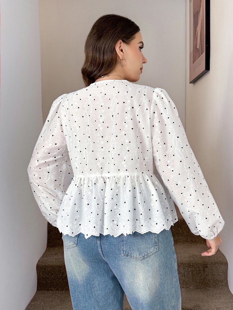 SHEIN LUNE 大尺碼白色刺繡滿版前綁帶襯衫 時尚週 正式場合 約會之夜 生日 秋季 可愛仙女風 早午餐 下午茶 性感 Fairycore - 白色 - 查看 2