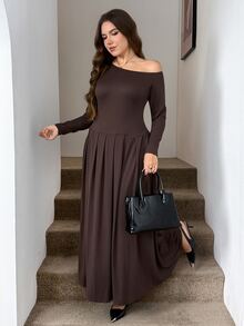 Easowa Curve Đầm tay dài nhún vai lệch đa năng size lớn cho du lịch mùa thu - màu nâu - Xem 6