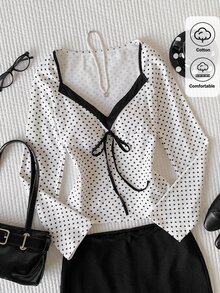 Comfortcana Atasan Kasual Lengan Panjang Wanita Motif Polkadot dengan Ikatan di Depan - Putih - View 2