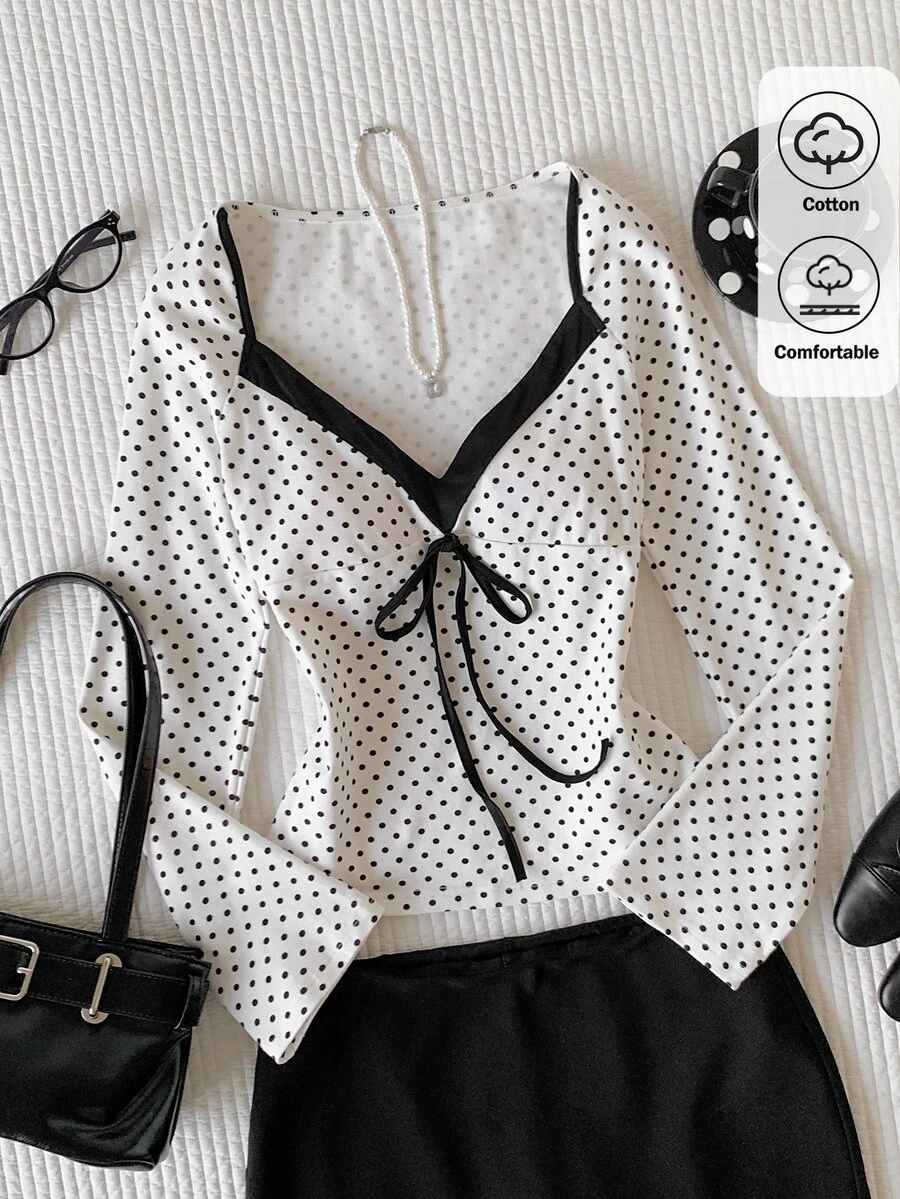 Comfortcana Atasan Kasual Lengan Panjang Wanita Motif Polkadot dengan Ikatan di Depan