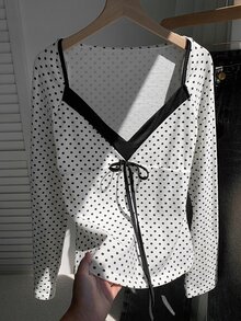 Comfortcana Atasan Kasual Lengan Panjang Wanita Motif Polkadot dengan Ikatan di Depan - Putih - View 4
