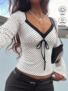 Comfortcana Atasan Kasual Lengan Panjang Wanita Motif Polkadot dengan Ikatan di Depan - Putih - View 9