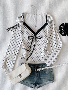 Comfortcana Atasan Kasual Lengan Panjang Wanita Motif Polkadot dengan Ikatan di Depan - Putih - View 6