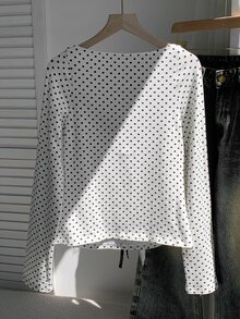 Comfortcana Atasan Kasual Lengan Panjang Wanita Motif Polkadot dengan Ikatan di Depan - Putih - View 3