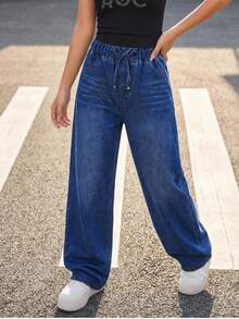 Teens' Drawstring Wide Leg Jeans,Dark Blue,Winter,Streetwear,Holiday,Back-To-School Retro Medium Blue Stretchy Cotton Denim Elastic Waist All Season - Dark Wash - View 3