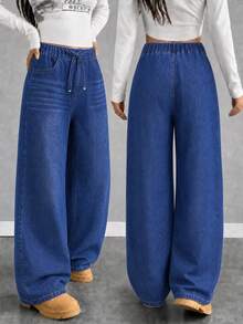 Teens' Drawstring Wide Leg Jeans,Dark Blue,Winter,Streetwear,Holiday,Back-To-School Retro Medium Blue Stretchy Cotton Denim Elastic Waist All Season - Dark Wash - View 1