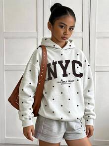 Tween Girls 1Pcs Fall Polka Dot Letter NYC Graphic Hooded Sweatshirt, Fresh Casual Pullover Top Autumn Winter - Multicolor - View 3