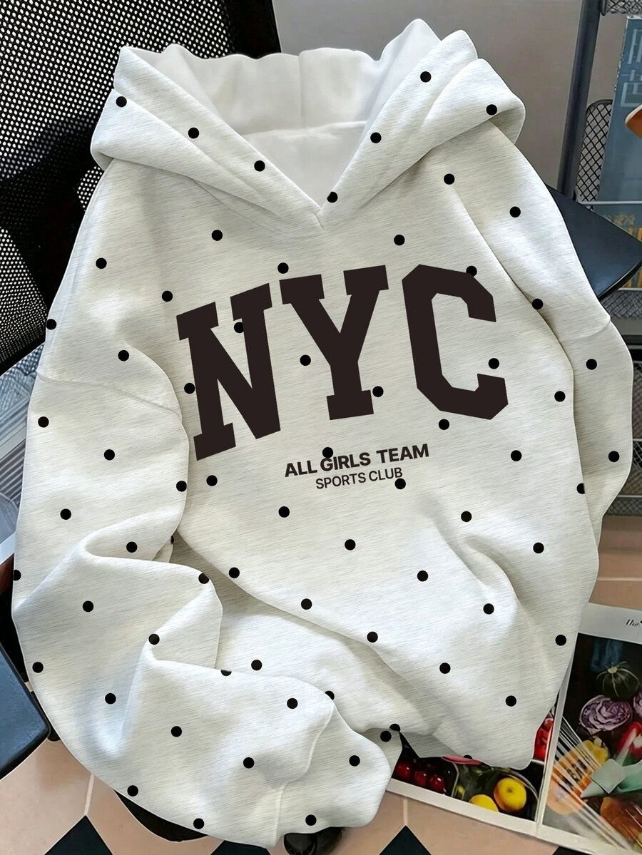 Tween Girls 1Pcs Fall Polka Dot Letter NYC Graphic Hooded Sweatshirt, Fresh Casual Pullover Top Autumn Winter - Multicolor - View 1