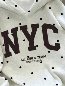 Tween Girls 1Pcs Fall Polka Dot Letter NYC Graphic Hooded Sweatshirt, Fresh Casual Pullover Top Autumn Winter - Multicolor - View 4