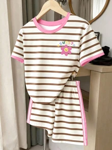 Spring Summer Autumn Tween Girl Fashion Brown And White Striped Face Floral Letter Print Casual Cute Basic Short Sleeve T-Shirt Shorts Set - Multicolor - View 1