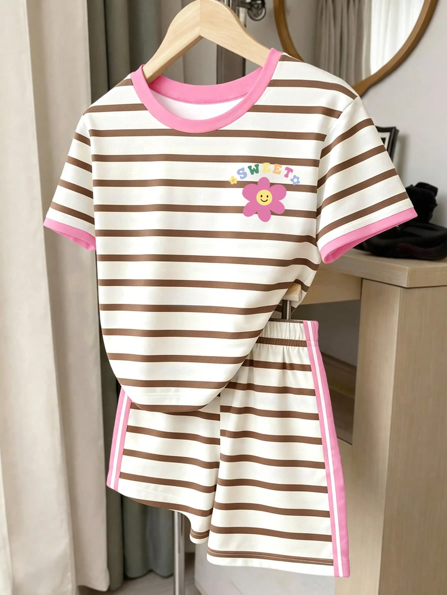 Spring Summer Autumn Tween Girl Fashion Brown And White Striped Face Floral Letter Print Casual Cute Basic Short Sleeve T-Shirt Shorts Set - Multicolor - View 1