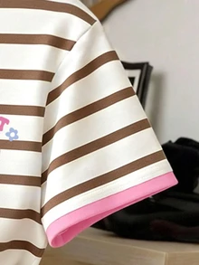 Spring Summer Autumn Tween Girl Fashion Brown And White Striped Face Floral Letter Print Casual Cute Basic Short Sleeve T-Shirt Shorts Set - Multicolor - View 9