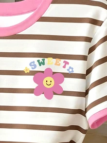 Spring Summer Autumn Tween Girl Fashion Brown And White Striped Face Floral Letter Print Casual Cute Basic Short Sleeve T-Shirt Shorts Set - Multicolor - View 7