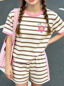 Spring Summer Autumn Tween Girl Fashion Brown And White Striped Face Floral Letter Print Casual Cute Basic Short Sleeve T-Shirt Shorts Set - Multicolor - View 5