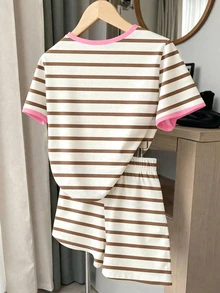 Spring Summer Autumn Tween Girl Fashion Brown And White Striped Face Floral Letter Print Casual Cute Basic Short Sleeve T-Shirt Shorts Set - Multicolor - View 3