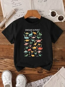 SHEIN Young Boy Summer Casual Cartoon Dinosaur Guide Pattern Round Neck Short Sleeve T-Shirt Dinosaur Clothes - Black - View 4