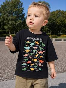 SHEIN Young Boy Summer Casual Cartoon Dinosaur Guide Pattern Round Neck Short Sleeve T-Shirt Dinosaur Clothes - Black - View 2