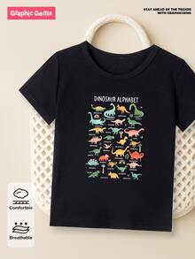 SHEIN Young Boy Summer Casual Cartoon Dinosaur Guide Pattern Round Neck Short Sleeve T-Shirt Dinosaur Clothes - Black - View 1