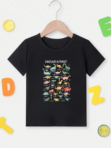 SHEIN Young Boy Summer Casual Cartoon Dinosaur Guide Pattern Round Neck Short Sleeve T-Shirt Dinosaur Clothes - Black - View 8