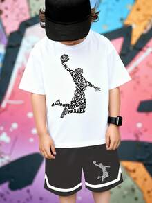 2pcs/Set Boys' Casual Basketball Player Silhouette Striped Graphic Tee And Shorts Set, Comfortable Daily Wear For Spring, Summer - Multicolor - View 4