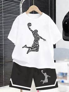 2pcs/Set Boys' Casual Basketball Player Silhouette Striped Graphic Tee And Shorts Set, Comfortable Daily Wear For Spring, Summer - Multicolor - View 6