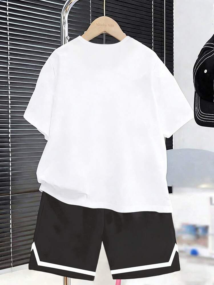 2pcs/Set Boys' Casual Basketball Player Silhouette Striped Graphic Tee And Shorts Set, Comfortable Daily Wear For Spring, Summer - Multicolor - View 3
