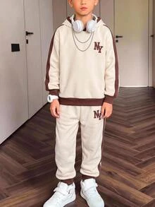 青少年男孩 2件組休閒運動拼接設計字母印花連帽衛衣與慢跑長褲 - 彩色 - 查看 8