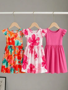 SHEIN 女童3件套花卉印花純色荷葉袖A字洋裝，田園風時尚可愛，適合夏季，嬰兒粉黃色 - 彩色 - 查看 4