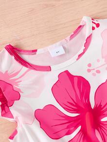 SHEIN 女童3件套花卉印花純色荷葉袖A字洋裝，田園風時尚可愛，適合夏季，嬰兒粉黃色 - 彩色 - 查看 9