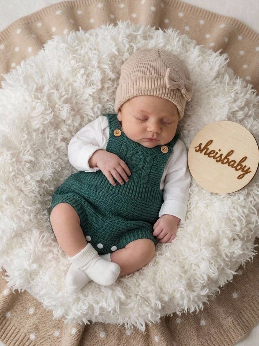 SHEIN Newborn Baby Knitted Romper Fashionable Cute Overalls,Fall Clothes Winter - Dark Green - View 1
